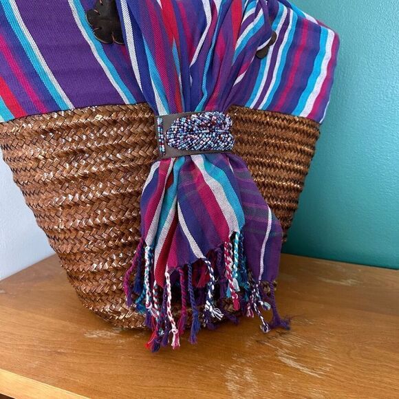 African Beaded Straw Bag Scarf Fringe Closure - Picture 11 of 16